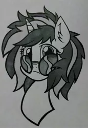 Size: 2207x3210 | Tagged: safe, artist:wildberry-poptart, derpibooru import, vinyl scratch, pony, unicorn, bust, ear fluff, female, glasses off, mare, monochrome, portrait, solo, traditional art