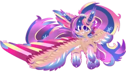 Size: 1024x616 | Tagged: safe, artist:vanillaswirl6, derpibooru import, oc, oc:evening sparkle, unofficial characters only, pegasus, pony, big ears, chest fluff, colored eyelashes, colored pupils, commission, ear fluff, female, fluffy, happy, hoof fluff, large wings, looking at you, mare, offspring, open mouth, outline, parent:flash sentry, parent:twilight sparkle, parents:flashlight, photoshop, ponytail, rainbow power, rainbow power-ified, sharp teeth, simple background, solo, spread wings, teeth, transparent background, wings