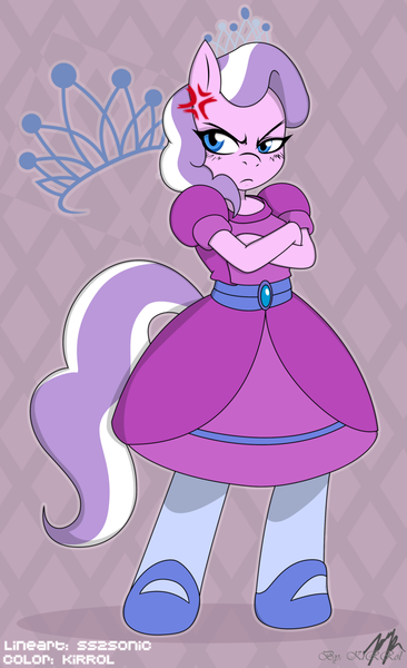 Size: 900x1475 | Tagged: angry, annoyed, anthro, artist:kirrol, artist:ss2sonic, clothes, colored, color edit, crossed arms, cross-popping veins, cute, cutie mark background, derpibooru import, diamondbetes, diamond tiara, dress, edit, grumpy, pointe, safe, sash, shoes, signature, solo, unguligrade anthro