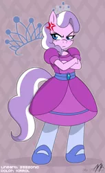 Size: 900x1475 | Tagged: angry, annoyed, anthro, artist:kirrol, artist:ss2sonic, clothes, colored, color edit, crossed arms, cross-popping veins, cute, cutie mark background, derpibooru import, diamondbetes, diamond tiara, dress, edit, grumpy, pointe, safe, sash, shoes, signature, solo, unguligrade anthro