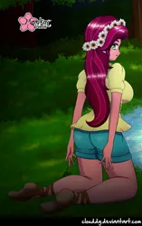 Size: 626x1000 | Tagged: safe, artist:clouddg, derpibooru import, gloriosa daisy, equestria girls, legend of everfree, ass, breasts, busty gloriosa daisy, butt, clothes, female, floral head wreath, flower, flower in hair, glori-ass, grass, kneeling, legs, looking at you, looking back, looking back at you, outdoors, pond, scenery, sexy, shorts, sideboob, signature, solo, stupid sexy gloriosa daisy, thighs