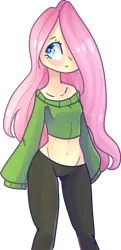 Size: 726x1499 | Tagged: artist:emily-826, belly button, breasts, clothes, delicious flat chest, derpibooru import, flattershy, fluttershy, hair over one eye, human, humanized, midriff, pony coloring, safe, short shirt, simple background, solo, sweater, sweatershy, transparent background