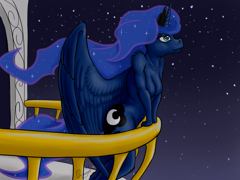 Size: 1600x1200 | Tagged: alicorn, anthro, artist:bingodingo, balcony, breasts, derpibooru import, featureless breasts, female, night, princess luna, solo, solo female, stars, suggestive, wings