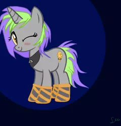 Size: 916x958 | Tagged: safe, artist:flowervalery13, derpibooru import, oc, oc:frenzy nuke, unofficial characters only, pony, unicorn, blushing, clothes, collar, digital art, female, looking at you, mare, one eye closed, socks, solo, standing, striped socks, wink