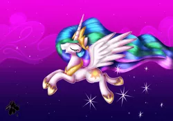 Size: 3000x2100 | Tagged: safe, artist:katakiuchi4u, derpibooru import, princess celestia, alicorn, pony, cloud, crown, ethereal mane, ethereal tail, eyes closed, female, flowing mane, flowing tail, flying, hoof shoes, jewelry, mare, multicolored mane, multicolored tail, night, open mouth, regalia, smiling, solo, spread wings, stars