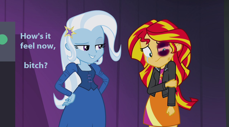 Size: 1280x714 | Tagged: semi-grimdark, derpibooru import, edit, edited screencap, screencap, sunset shimmer, trixie, equestria girls, rainbow rocks, abuse, abuse edit, black eye, dialogue, edgy, eqg abuse edits, female, shimmerbuse