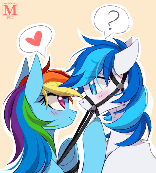 Size: 900x997 | Tagged: safe, artist:margony, derpibooru import, rainbow dash, oc, oc:rainy, pony, blushing, bridle, canon x oc, commission, female, heart, looking at each other, male, multicolored hair, reins, simple background, smiling, stallion, straight, tack