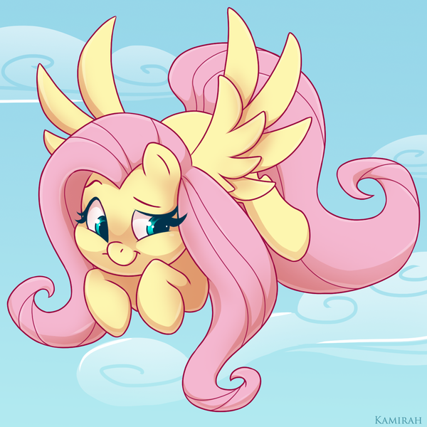 Size: 600x600 | Tagged: safe, artist:kamirah, derpibooru import, fluttershy, pegasus, pony, cloud, cute, female, mare, shyabetes, sky, smiling, solo