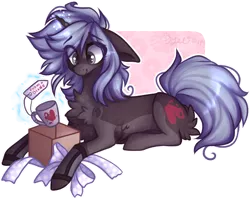 Size: 936x745 | Tagged: safe, artist:tenebristayga, derpibooru import, oc, oc:mica, unofficial characters only, pony, unicorn, coffee cup, cup, female, mare, present, prone, solo