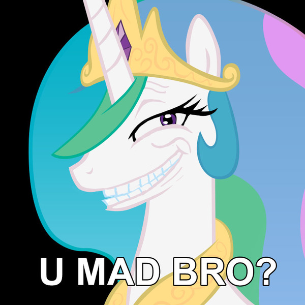 Size: 806x806 | Tagged: safe, derpibooru import, princess celestia, alicorn, pony, dead meme, female, grin, image macro, looking at you, mare, meme, reaction image, smiling, solo, trollestia, trollface, u mad