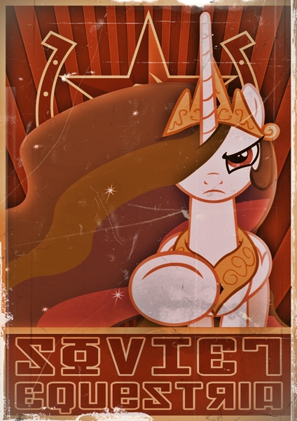 Size: 848x1200 | Tagged: safe, artist:grumbeerkopp, derpibooru import, princess celestia, pony, dictator, fake russian, propaganda, propaganda poster, russian, solo, soviet