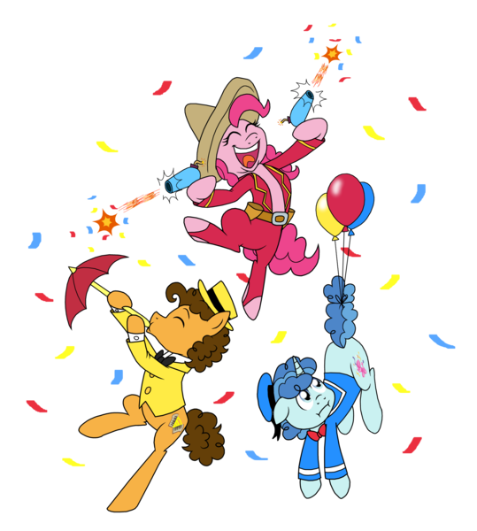 Size: 2805x3125 | Tagged: safe, artist:crazynutbob, derpibooru import, cheese sandwich, party favor, pinkie pie, pony, balloon, confetti, crossover, donald duck, headcanon, high res, jose carioca, panchito pistoles, party cannon, party trio, the three caballeros, umbrella