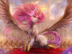 Size: 1000x750 | Tagged: safe, artist:girlsay, derpibooru import, princess celestia, alicorn, pony, armor, beautiful, canterlot, crown, female, horseshoes, jewelry, magic, mare, patreon, patreon logo, pink-mane celestia, regalia, royal guard, smiling, solo focus, spear, spread wings, summer sun celebration, weapon, wings, younger