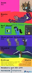 Size: 1878x4244 | Tagged: safe, artist:metropone, deleted from derpibooru, derpibooru import, oc, oc:birth light, oc:charms, oc:compylight, oc:mint petal, unofficial characters only, changeling, pegasus, pony, unicorn, absurd resolution, changeling oc, clothes, commission info, night, night sky, on back, patreon, paypal, sitting, sky, socks, tree