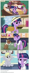 Size: 3300x8286 | Tagged: safe, artist:perfectblue97, derpibooru import, derpy hooves, pinkie pie, spike, twilight sparkle, dog, dragon, earth pony, gryphon, pony, comic:without magic, absurd resolution, blank flank, carousel boutique, carrot, comic, doctor's office, earth pony twilight, elizabethan collar, food, golden oaks library, poster, singing, veterinary hospital