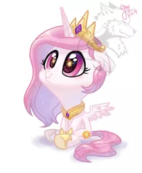 Size: 1024x1249 | Tagged: safe, artist:ogre, derpibooru import, princess celestia, alicorn, pony, cewestia, crown, cute, female, filly, jewelry, peytral, pink-mane celestia, regalia, sitting, solo, spread wings, watermark, wings, younger