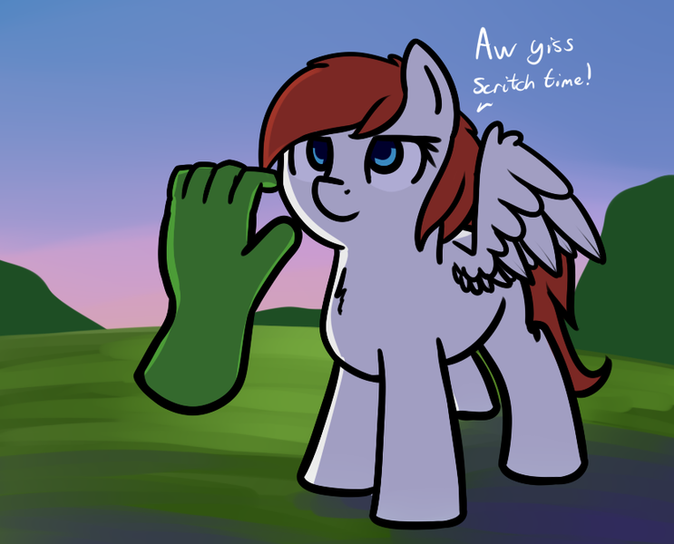 Size: 833x673 | Tagged: safe, artist:neuro, derpibooru import, oc, oc:anon, oc:feather scarf, unofficial characters only, pegasus, pony, chest fluff, colored pupils, dialogue, disembodied hand, female, hand, mare, offscreen character, scratching, solo focus, spread wings, wings