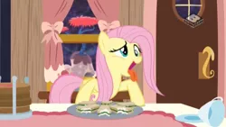 Size: 2560x1440 | Tagged: safe, derpibooru import, screencap, fluttershy, pony, discordant harmony, behaving like a dog, boomerang (tv channel), cup, discord's house, faic, food, open mouth, sandwich, solo, teacup, the discord zone, tongue out