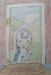 Size: 1024x1509 | Tagged: safe, artist:sketch-leaderboard, derpibooru import, oc, oc:broken glass, unofficial characters only, pegasus, pony, cute, doorway, female, filly, oops, oops my bad, solo, traditional art