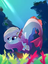 Size: 900x1200 | Tagged: safe, artist:passigcamel, derpibooru import, oc, oc:cordelia, unofficial characters only, merpony, pony, bracelet, bubble, commission, jewelry, lidded eyes, smiling, solo, sunlight, swimming, underwater