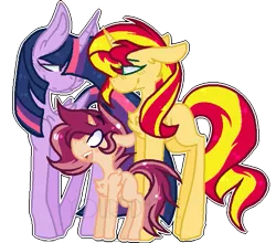 Size: 599x528 | Tagged: safe, artist:yourrdazzle, derpibooru import, sunset shimmer, twilight sparkle, twilight sparkle (alicorn), oc, oc:aurora flare, alicorn, pony, blushing, female, lesbian, looking at each other, magical lesbian spawn, next generation, offspring, parent:sunset shimmer, parent:twilight sparkle, parents:sunsetsparkle, shipping, simple background, sunsetsparkle, transparent background