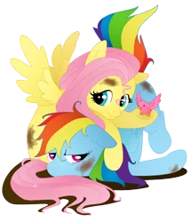 Size: 662x769 | Tagged: safe, artist:daydreamerpony, derpibooru import, fluttershy, rainbow dash, bird, pegasus, pony, crash, crash landing, dirty, duo, duo female, face down ass up, female, flutterdash, lesbian, mare, messy mane, rainbow crash, shipping, simple background, transparent background, vector