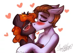 Size: 1828x1332 | Tagged: suggestive, artist:slynecallisto, derpibooru import, oc, oc:durus, oc:graphia, unofficial characters only, earth pony, pony, unicorn, female, glasses, grarus, heart, husband and wife, kissing, male, married couple, simple background, straight, ych result