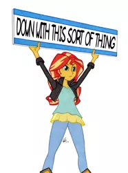 Size: 950x1278 | Tagged: safe, artist:manly man, derpibooru import, sunset shimmer, equestria girls, clothes, exploitable meme, father ted, female, leggings, meme, sign, simple background, solo, sunset's board, white background