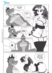 Size: 1200x1697 | Tagged: suggestive, artist:pia-sama, derpibooru import, part of a set, rarity, spike, anthro, dragon, plantigrade anthro, unicorn, comic:nurse rarity, comic:rogue diamond, comic:rogue diamond holiday special, adult, adult spike, bandage, bedroom eyes, blank eyes, blushing, breasts, busty rarity, cleavage, clothed female nude male, clothes, comic, covering, crawling, dialogue, female, flirting, garter belt, heart eyes, helloooooo nurse, lustful diamond, male, monochrome, nurse, nurse outfit, older, older spike, patreon, patreon logo, shipping, simple background, socks, sparity, speech bubble, stockings, straight, sweat, thigh highs, wingding eyes