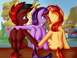 Size: 2000x1500 | Tagged: safe, artist:jack-pie, derpibooru import, sunset shimmer, twilight sparkle, twilight sparkle (alicorn), oc, alicorn, pony, unicorn, alicorn oc, canon x oc, commission, female, holding hooves, horns are touching, male, mare, ponyville, rear view, red and black oc, signature, sitting, stallion, straight, trio