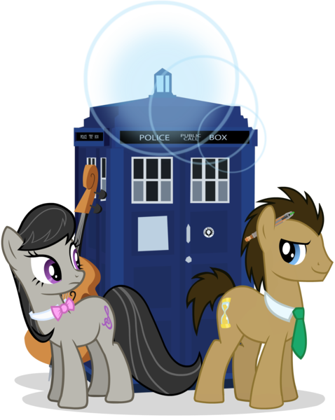 Size: 2200x2760 | Tagged: safe, artist:sircinnamon, artist:theevilflashanimator, derpibooru import, edit, doctor whooves, octavia melody, time turner, pony, bowtie, cello, crossover, doctor who, musical instrument, necktie, simple background, sonic screwdriver, tardis, transparent background, vector