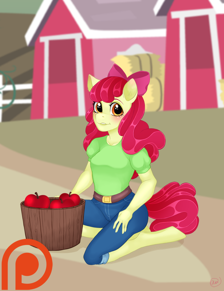 Size: 712x924 | Tagged: safe, artist:glor666, derpibooru import, apple bloom, anthro, earth pony, unguligrade anthro, clothes, cute, equestria girls outfit, female, mare, older, older apple bloom, solo