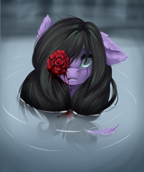 Size: 3755x4461 | Tagged: semi-grimdark, artist:akimi--chan, derpibooru import, oc, oc:darklight, unofficial characters only, pony, absurd resolution, blood, colored pupils, ear fluff, feather, female, floppy ears, flower, looking at you, mare, rose, scar, solo, water