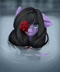 Size: 3755x4461 | Tagged: semi-grimdark, artist:akimi--chan, derpibooru import, oc, oc:darklight, unofficial characters only, pony, absurd resolution, blood, colored pupils, ear fluff, feather, female, floppy ears, flower, looking at you, mare, rose, scar, solo, water