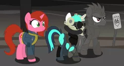 Size: 7123x3858 | Tagged: safe, artist:rainbowsurvivor, derpibooru import, edit, oc, oc:cherry pin, oc:dragonfire, oc:star strike, unofficial characters only, pony, unicorn, fallout equestria, fallout equestria: child of the stars, absurd resolution, armor, dark, fallout, female, group, mare, stable-tec, trio, vault suit