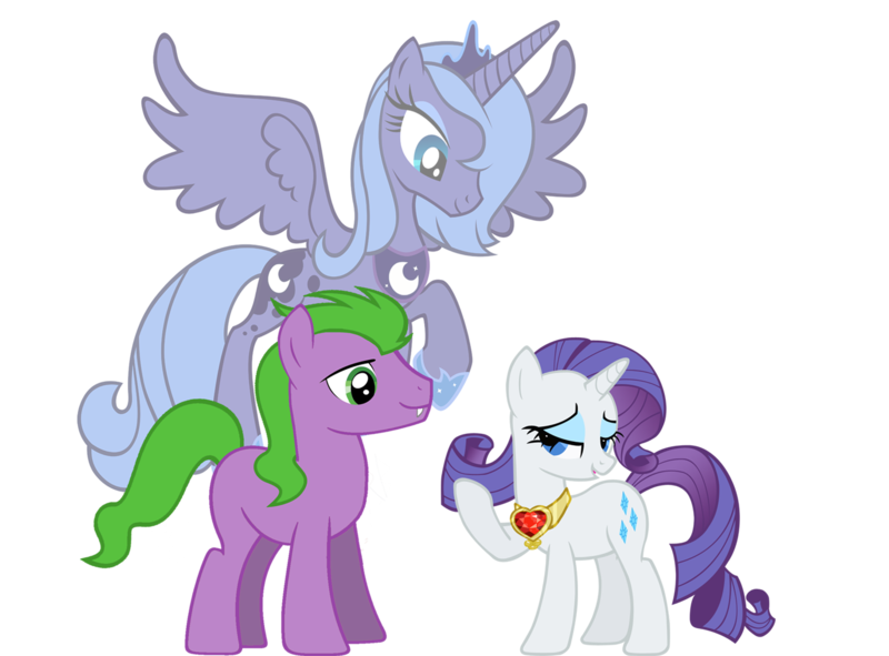 Size: 1372x1013 | Tagged: safe, artist:dlazerous, artist:kna, artist:punchingshark, artist:quanno3, artist:zaeinn, derpibooru import, edit, vector edit, princess luna, rarity, spike, ponified, alicorn, earth pony, pony, unicorn, dream walker luna, female, fire ruby, male, mare, ponified spike, s1 luna, shipping, simple background, sparity, species swap, stallion, straight, transparent background, vector