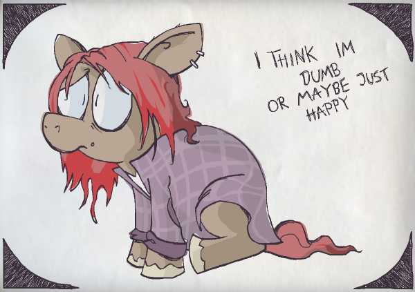 Size: 600x423 | Tagged: artist:mspaintr0cks, clothes, depressed, derpibooru import, ear piercing, lyrics, nirvana, oc, piercing, safe, solo, text, unofficial characters only