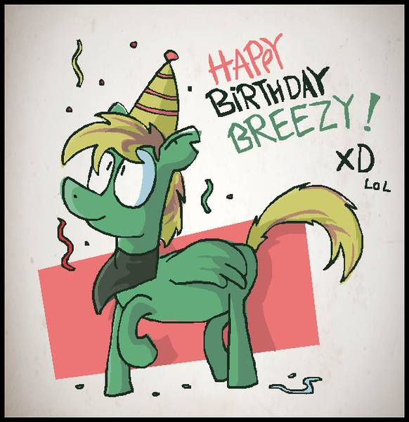 Size: 627x646 | Tagged: safe, artist:mspaintr0cks, derpibooru import, oc, oc:breezeglass, unofficial characters only, pony, abstract background, happy birthday, hat, lol, party hat, solo, streamers, xd