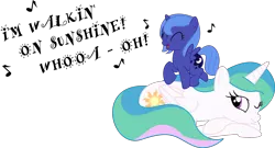 Size: 8000x4318 | Tagged: safe, artist:dravoxianart, derpibooru import, princess celestia, princess luna, alicorn, pony, .svg available, absurd resolution, dialogue, duo, eyes closed, female, filly, inkscape, katrina and the waves, one eye closed, prone, pun, simple background, singing, smiling, song reference, transparent background, vector, walking on sunshine, woona, younger