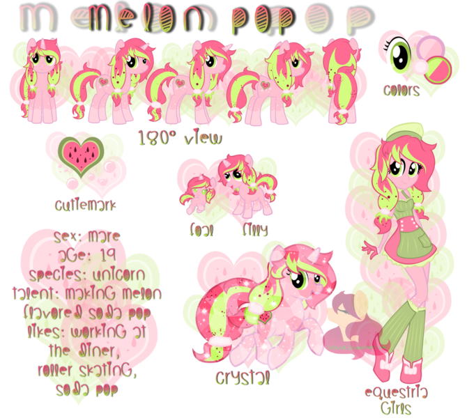 Size: 1600x1432 | Tagged: safe, artist:broken-bases, artist:cybiline, artist:fehlung, artist:kimikonyanchan, artist:rain-approves, derpibooru import, edit, oc, oc:melon pop, unofficial characters only, crystal pony, pony, equestria girls, baby, baby pony, base used, crystallized, cutie mark, equestria girls-ified, female, filly, foal, reference sheet