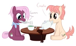 Size: 1000x600 | Tagged: safe, artist:mightyshockwave, derpibooru import, jasmine leaf, raspberry vinaigrette, earth pony, pony, discordant harmony, coffee, cup, cute, earth pony problems, female, green tea, mare, meme, silly, simple background, spill, spilled drink, tea party, tea pony, teacup, white background