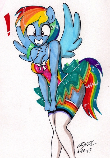 Size: 1062x1532 | Tagged: adorasexy, anthro, artist:newyorkx3, breasts, cleavage, clothes, covering, cute, derpibooru import, embarrassed, exclamation point, female, lingerie, looking at you, mare, pegasus, rainbow dash, rainbow dash always dresses in style, sexy, simple background, solo, solo female, spread wings, suggestive, traditional art, tutu, white background, wings