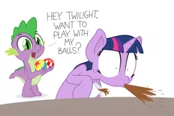 Size: 5009x3372 | Tagged: suggestive, artist:zutheskunk, derpibooru import, spike, twilight sparkle, dragon, pony, unicorn, absurd resolution, accidental innuendo, amiga, amiga ball, ball, coffee, dialogue, duo, female, funny, innocent innuendo, innuendo, luxo's ball, mare, pixar, sexually oblivious, simple background, spit take, unicorn twilight, vector, white background