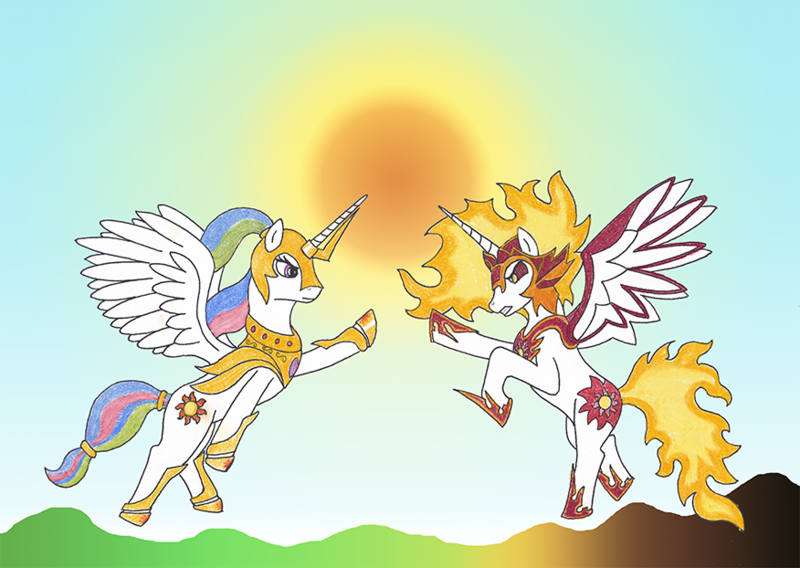 Size: 876x622 | Tagged: safe, artist:malte279, derpibooru import, daybreaker, princess celestia, alicorn, pony, a royal problem, armor, catasterism, sun, warrior celestia