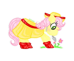 Size: 1024x853 | Tagged: safe, artist:crystal-sushi, derpibooru import, posey, earth pony, pony, clothes, dress, female, flower, g1, hat, mare, mouth hold, simple background, transparent background, trowel