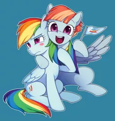 Size: 1280x1349 | Tagged: safe, artist:conte0226, derpibooru import, rainbow dash, windy whistles, pegasus, pony, blue background, blush sticker, blushing, cute, duo, embarrassed, female, flag, hug, mare, mother and daughter, simple background, windybetes