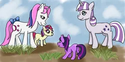 Size: 1366x685 | Tagged: safe, artist:kartaltheartist, derpibooru import, baby moondancer, moondancer, twilight sparkle, twilight velvet, pony, bow, cute, dancerbetes, female, filly, g1, g1 to g4, generation leap, generational ponidox, headcanon, mother and daughter, tail bow, twiabetes