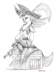 Size: 1100x1483 | Tagged: amputee, anthro, artist:baron engel, captain celaeno, clothes, crossed legs, derpibooru import, grayscale, looking at you, monochrome, my little pony: the movie, peg leg, pencil drawing, pirate, prosthetic leg, prosthetic limb, prosthetics, safe, simple background, sketch, smiling, solo, traditional art, treasure chest, white background