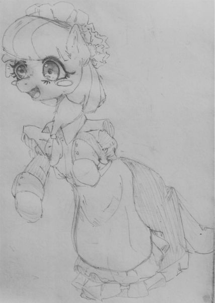 Size: 640x900 | Tagged: safe, artist:jericoanon, derpibooru import, coco pommel, pony, blush sticker, blushing, clothes, dress, female, maid, monochrome, solo, traditional art