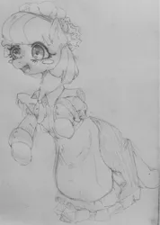 Size: 640x900 | Tagged: safe, artist:jericoanon, derpibooru import, coco pommel, pony, blush sticker, blushing, clothes, dress, female, maid, monochrome, solo, traditional art